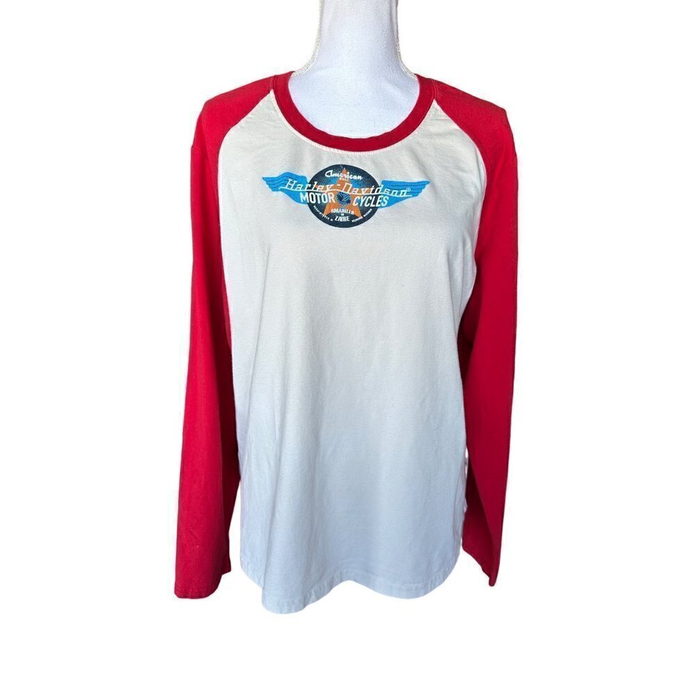 Harley Davidson Women’s Baseball Shirt Top Red Off White Plus Size 2W Rhinestone